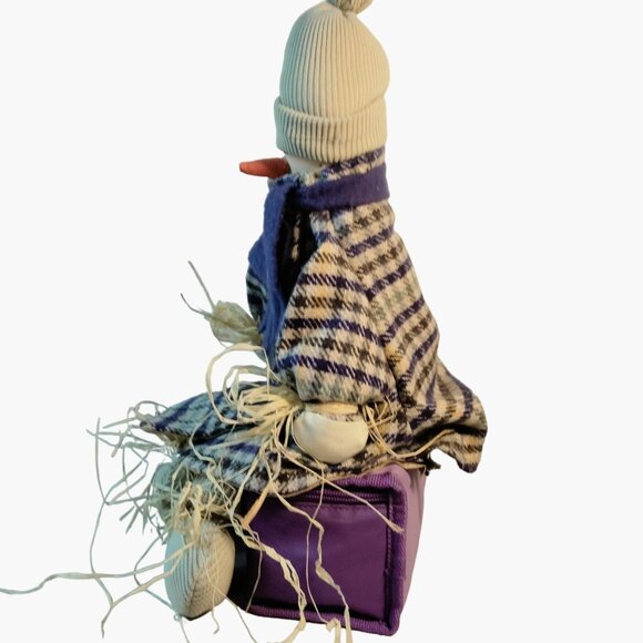 Snowman Doll Purple Plaid Coat Scarf Hat Shelf Sitter Handmade Fabric - Picture 5 of 9